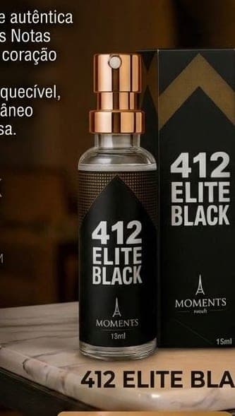 Frasco e caixa do perfume de bolso 412 Elite Black da Moments Paris, fragrância aromático e fougère.