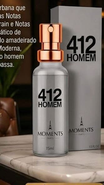 Frasco e caixa do perfume de bolso 412 Homem da Moments Paris, fragrância amadeirado e almiscarado e floral.