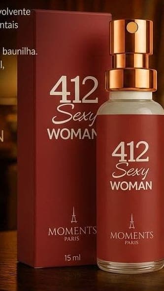 Frasco e caixa do perfume de bolso 412 Sexy Woman da Moments Paris, fragrância floral e oriental.