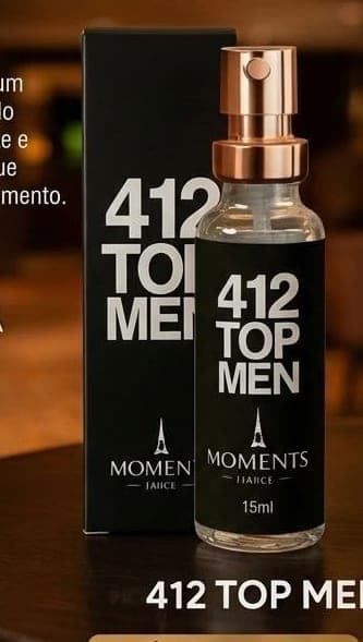 Frasco e caixa do perfume de bolso 412 Top Men da Moments Paris, fragrância amadeirado e oriental.