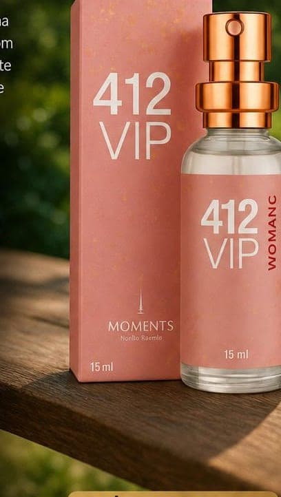 Frasco e caixa do perfume de bolso 412 Vip Woman da Moments Paris, fragrância floral e oriental.