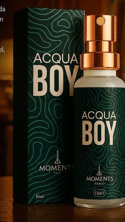 Frasco e caixa do perfume de bolso Acqua Boy da Moments Paris, fragrância aquático e cítrico.