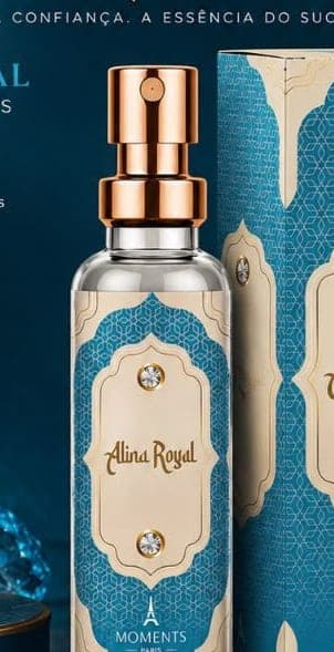 Frasco e caixa do perfume de bolso Alina Royal da Moments Paris, fragrância frutal e especiado e amadeirado.