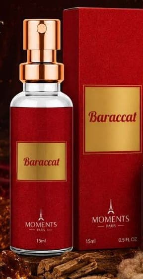 Frasco e caixa do perfume de bolso Baraccat da Moments Paris, fragrância ambarado e amadeirado e floral.