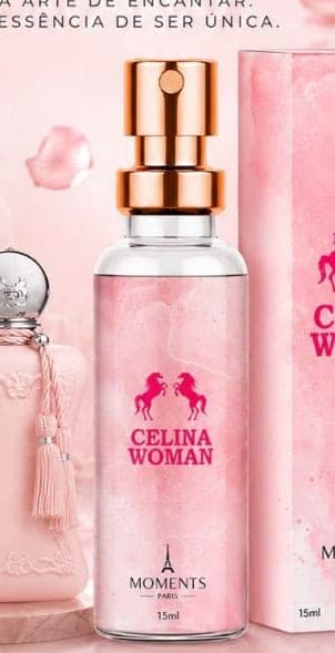 Frasco e caixa do perfume de bolso Celina Woman da Moments Paris, fragrância floral e frutal.