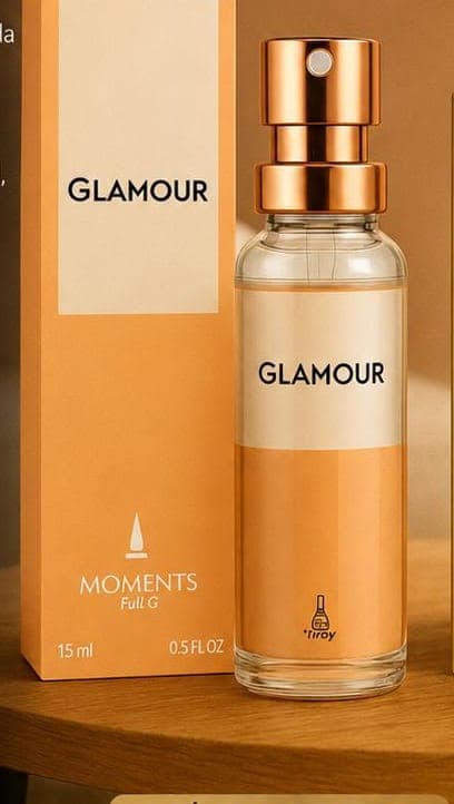 Frasco e caixa do perfume de bolso Glamour da Moments Paris, fragrância floral e frutal e amadeirado.