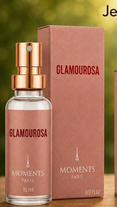 Frasco e caixa do perfume de bolso Glamourosa da Moments Paris, fragrância chipre e floral.