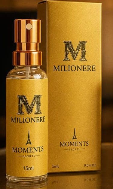 Frasco e caixa do perfume de bolso Milionere da Moments Paris, fragrância amadeirado e especiado.