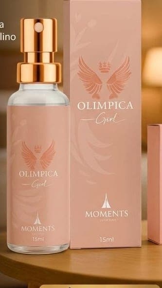 Frasco e caixa do perfume de bolso Olímpica Girl da Moments Paris, fragrância floral e oriental.