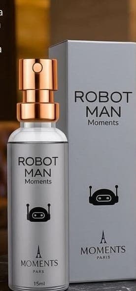 Frasco e caixa do perfume de bolso Robot Man da Moments Paris, fragrância amadeirado e aromático.