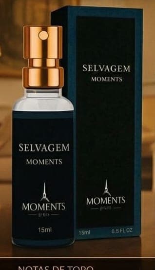 Frasco e caixa do perfume de bolso Selvagem da Moments Paris, fragrância aromático e cítrico.
